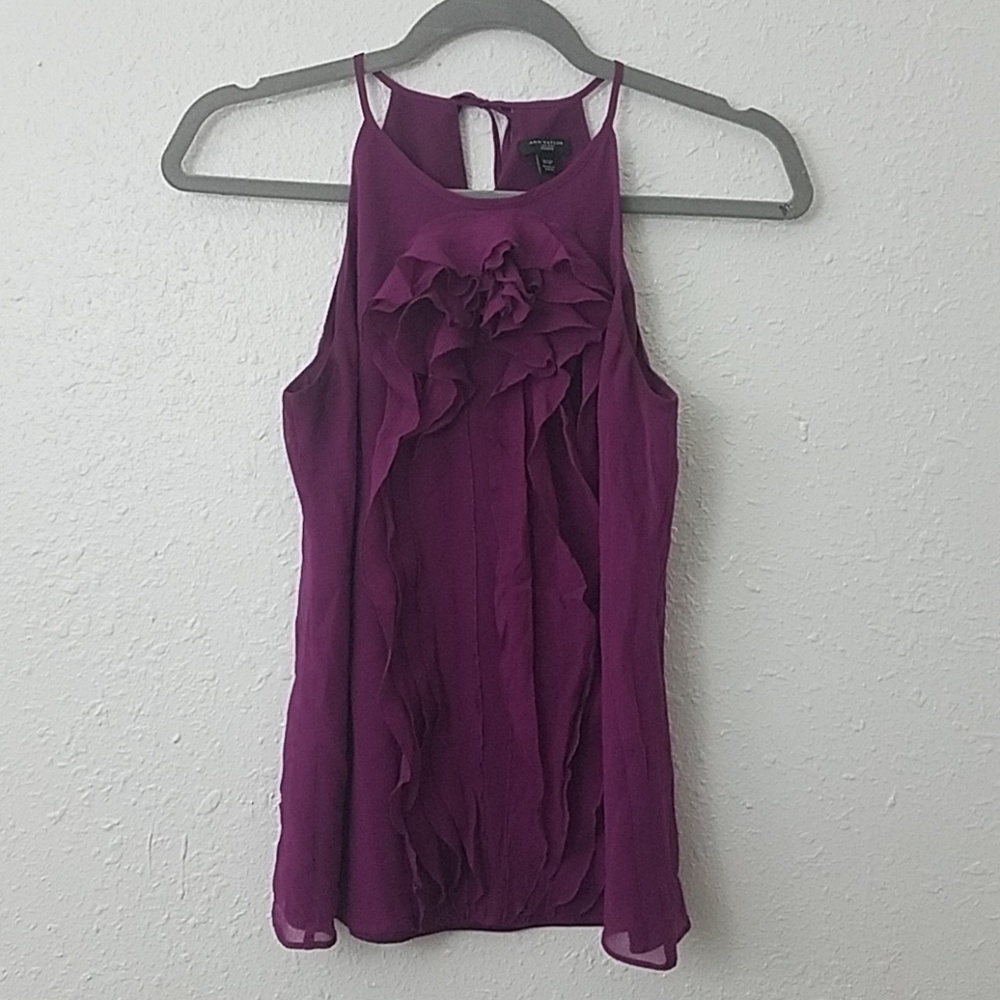 ann Taylor XSP purple silk Sleeveless blouse ruffl